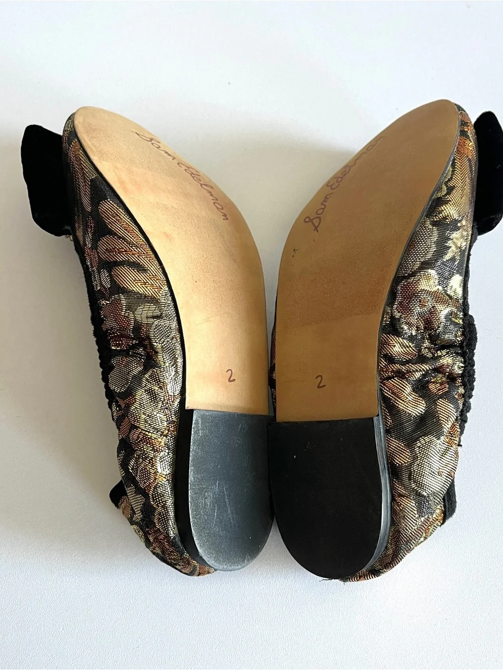 Sam Edelman girls ballet flat shoe 2 Farah gold brocade buckle black velvet bow